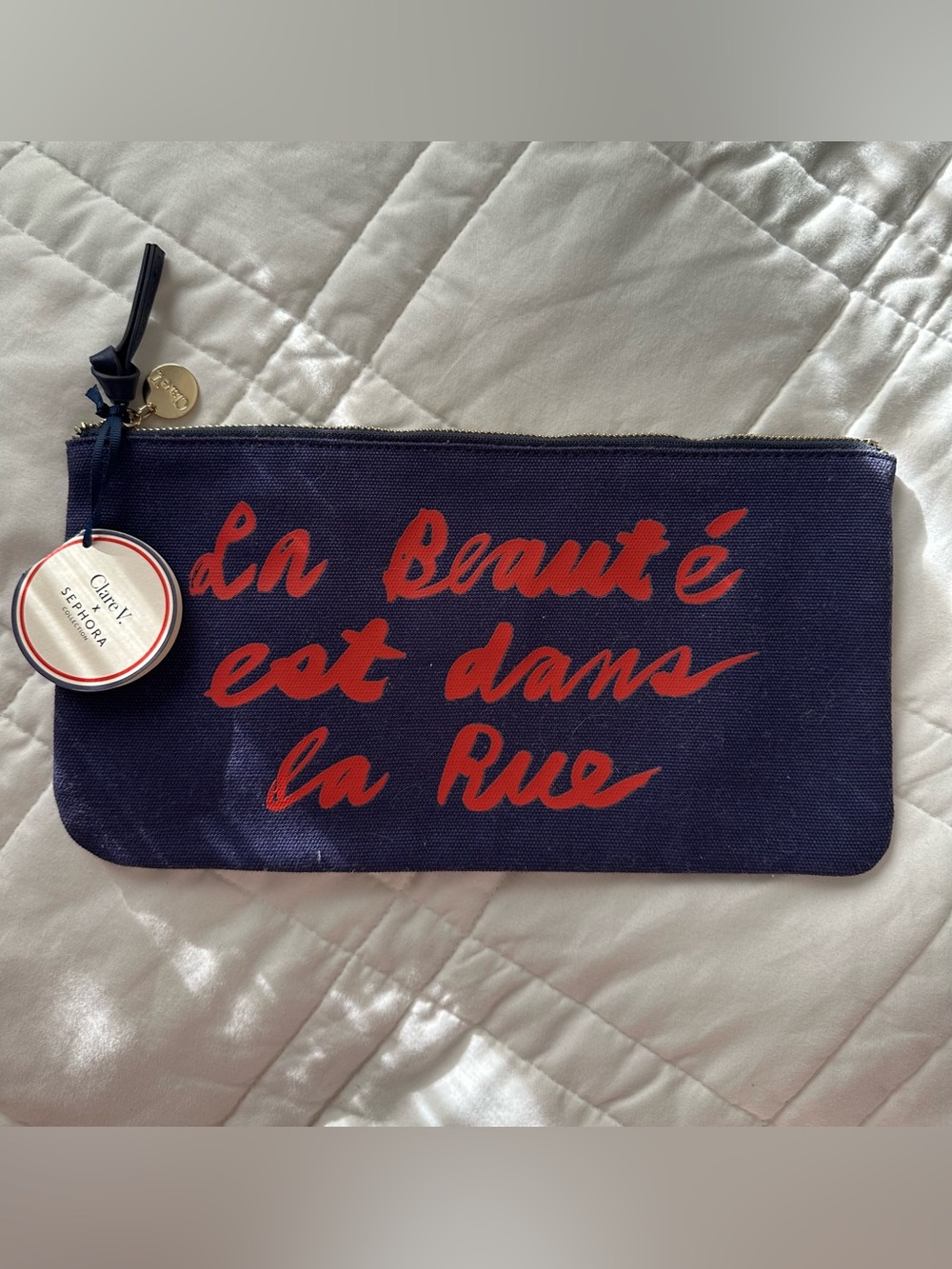 Clare V Navy Canvas Wristlet with Red Script